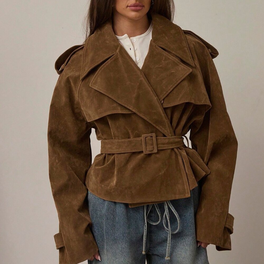 Brown Women's Casual faux Suede Long-Sleeve Belted mini Trench Coat - Picture 3 of 8